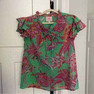 Banjanan Green Floral Ruffle Short Sleeve V neck tie blouse